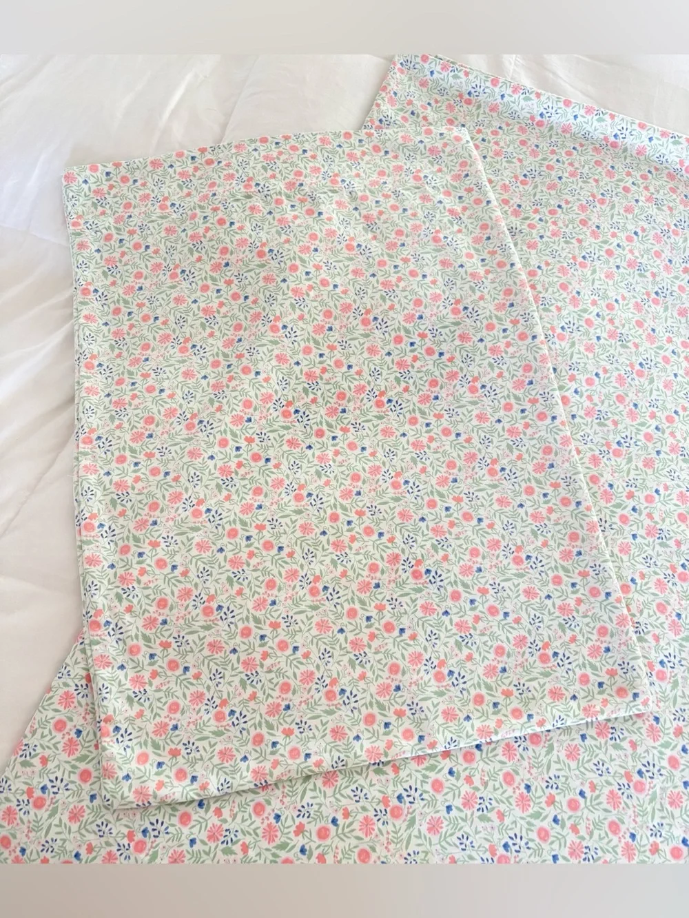 Queen Sz Flat Sheet & Pillowcase Cotton Blend Floral Pink Blue Green